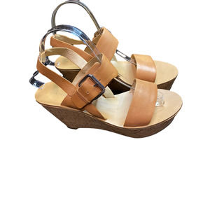 Marc Fisher Oralie Wedge Heeled Leather Sandal Tan Sz 9.5